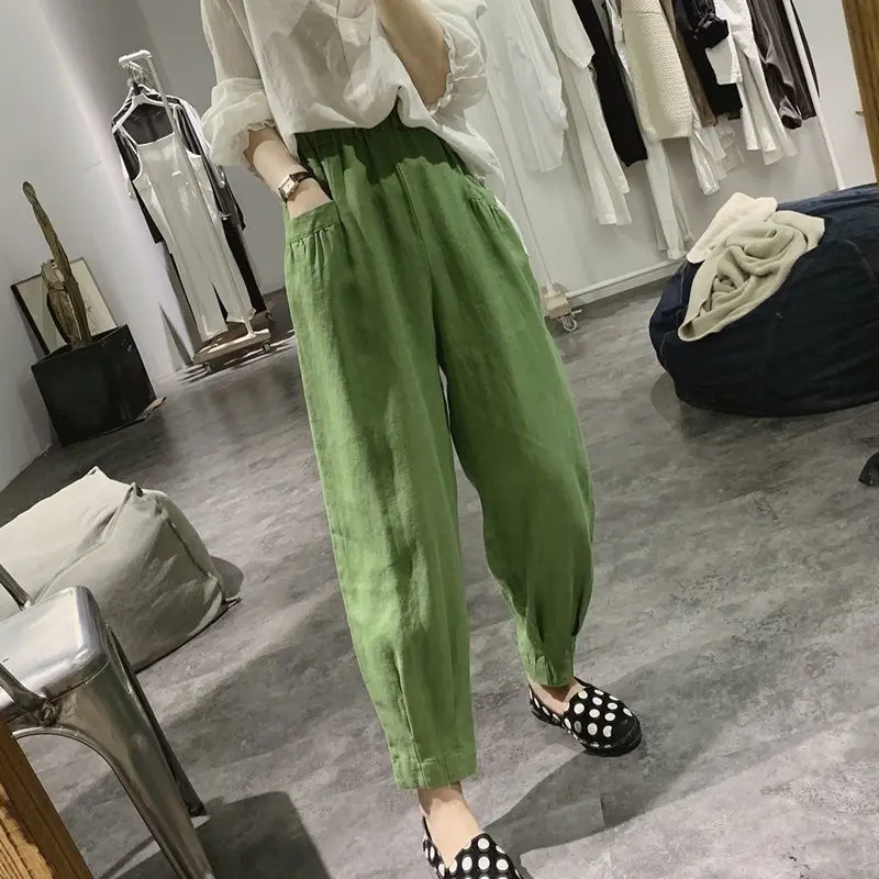 

Cotton Hemp Harlan Pants Women's Spring And Summer New Loose And Thin Elastic Pocket High Waist Wide Leg Pants Casual Capris