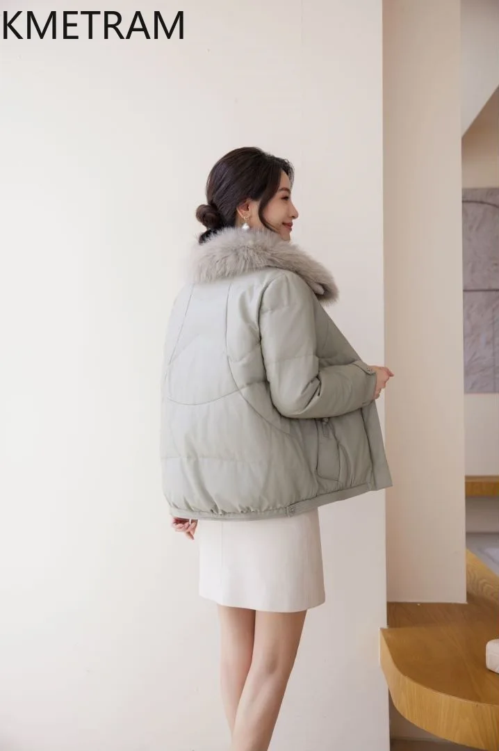 100% Sheepskin Puffer Jacket Women High Quality Genuine Leather Short Down Coats with Fox Fur Collar Winter Clothes 2025 пуховик
