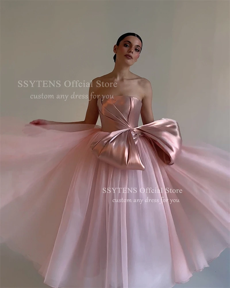 SSYTENS Pink Strapless Party Dresses Satin Bow A Line Prom Gown Ankle Length Birthday Evening Dress Vestidos De Festa Customized