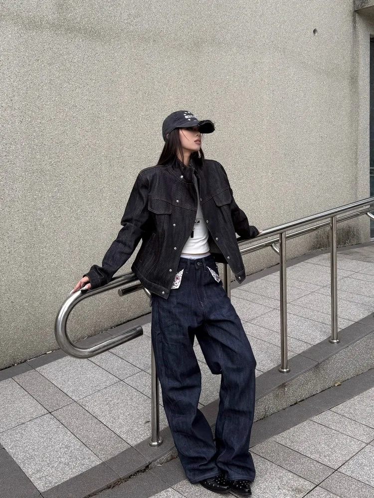 

Классические широкие джинсы свободного кроя, мужской повседневный дизайн, длинные, молодежные, однотонные, с воротником-стойкой