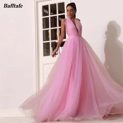 Bafftafe Pink A Line Tulle Prom Dresses Halter Backless Beach Customized Women Formal Party Dress Special Event Evening Gowns