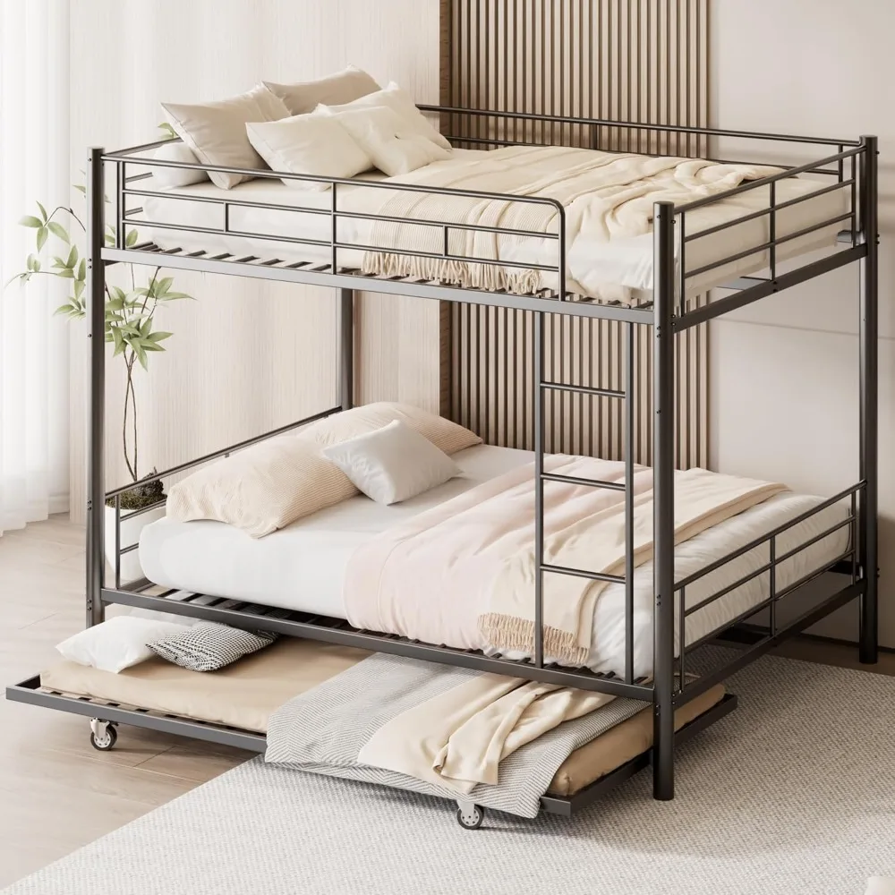 

Full Over Full Bunk Bed with Trundle, Heavy Duty Metal Bed Frame with Full-Length Guardrails & Ladder, 3-in-1 Convertible Full B