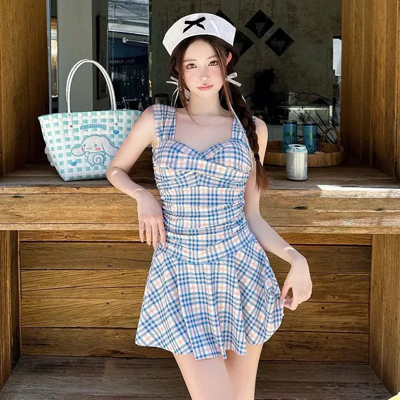 Nuevo traje de baño de una pieza para vacaciones en la playa adelgazante plisado estilo a cuadros azul para mujer