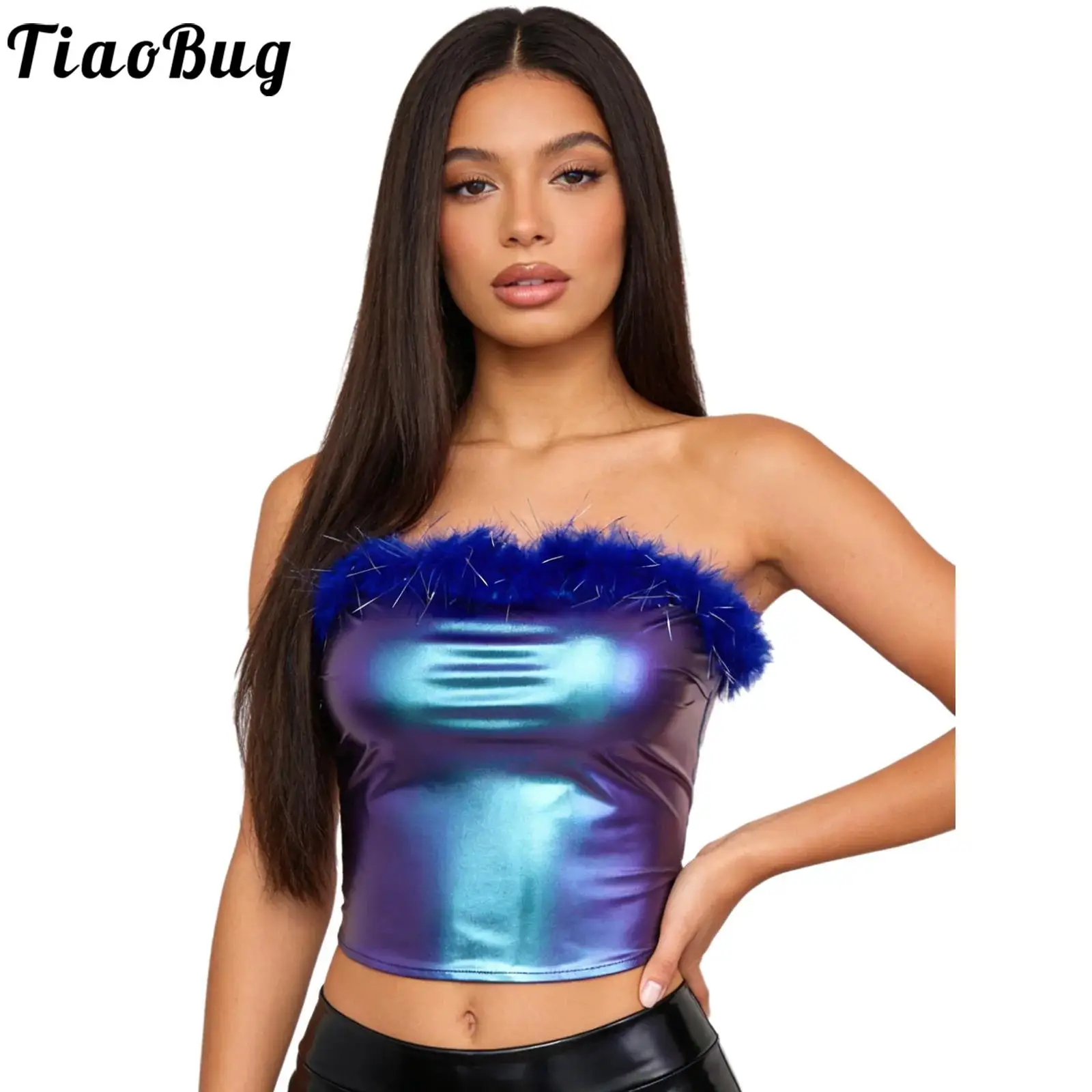 

Women Glossy Metallic Patchwork Feather Tube Top Clubwear Shiny Strapless Cropped Vest Top for Dancing Raves Festivals Costumes