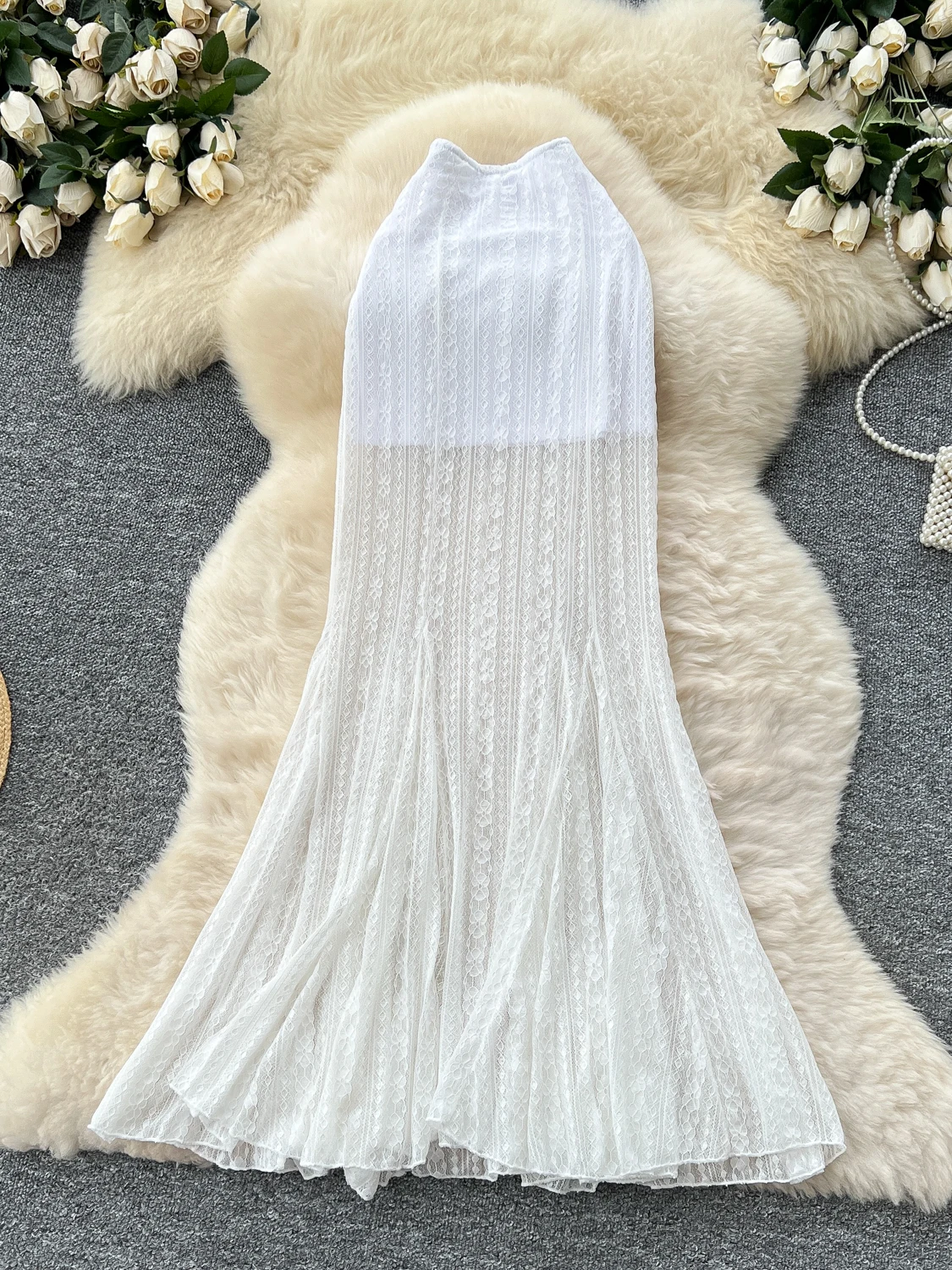 Ele Lace Fi Tail  Skirt Women's High Waist A-Line Skirt Slimming Fit Summer Commute Korean Sle Polyester Fiber