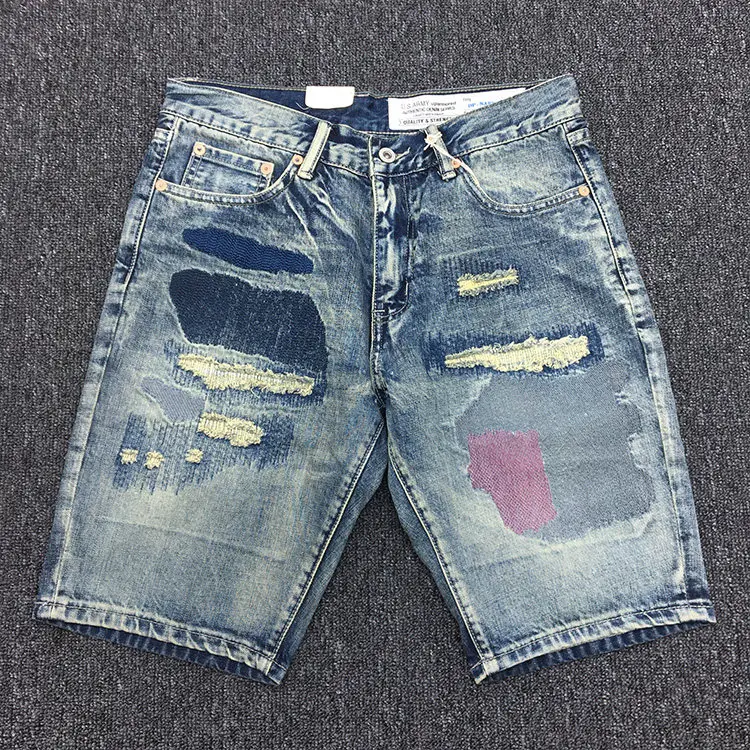 

100% Cotton Washed Distressed Embroidered Denim Shorts for Men 2026 Summer American Vintage Amekaji Knee Length Jeans Streetwear