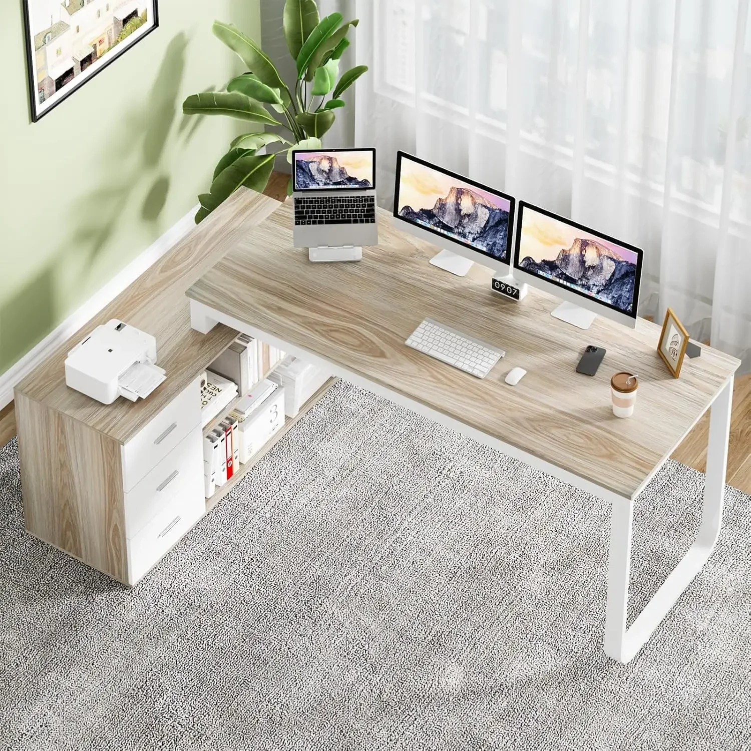 Mesa de computador para escritório doméstico HOMBCK com 3 gavetas e prateleiras de armazenamento, mesa grande em forma de L de 55 polegadas com gavetas e monitor removível