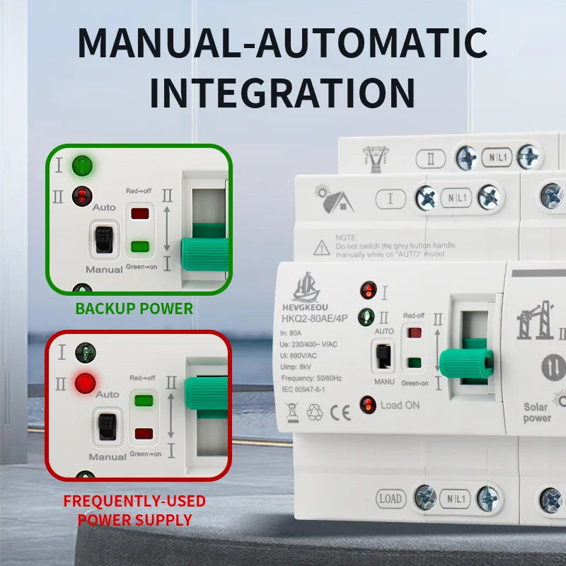 ATS Automatic Transfer Switch 4P 80A for PV/Solar & Mains, Uninterrupted Power Selector Switch 400V DIN Rail