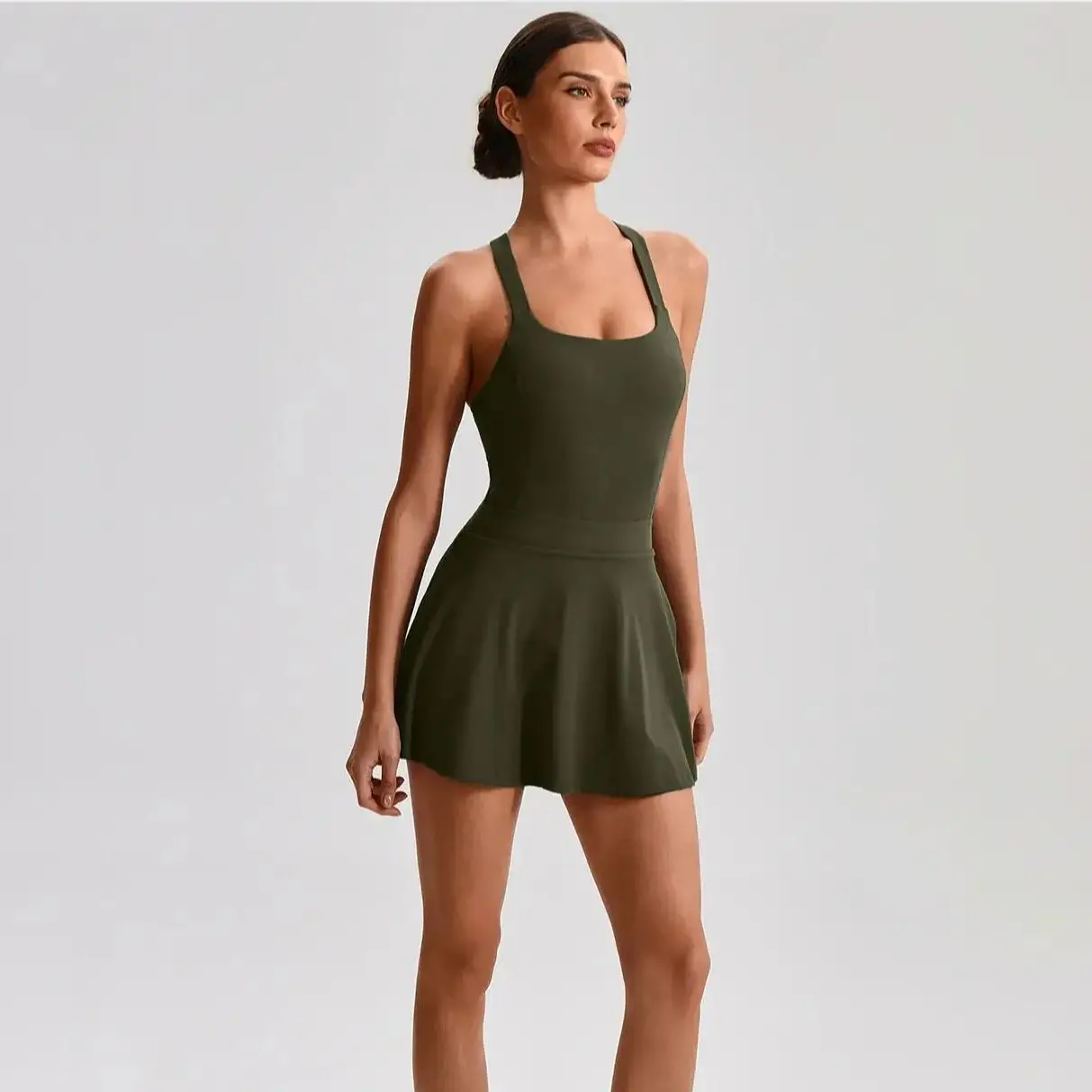 Solid Color Soft Fitness Tennis Skirt Set With Pocket Women Culottes Crossed Back Gym Bra Comprehensive Training Fitness Jog