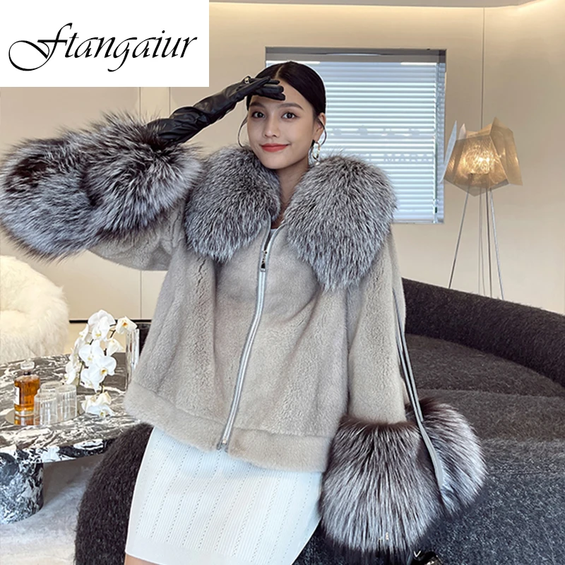 Ftangaiur Winter Import Purple Standard Velvet Mink Fur Coat Women With Fox Fur Collar Short Loose Natural Mink Fur Coats