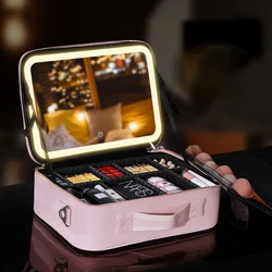 Valigia per truccatori con 3 colori di luminosità regolabile LED Mirror Travel Portable Large Cosmetic Case borsa da toilette per donna