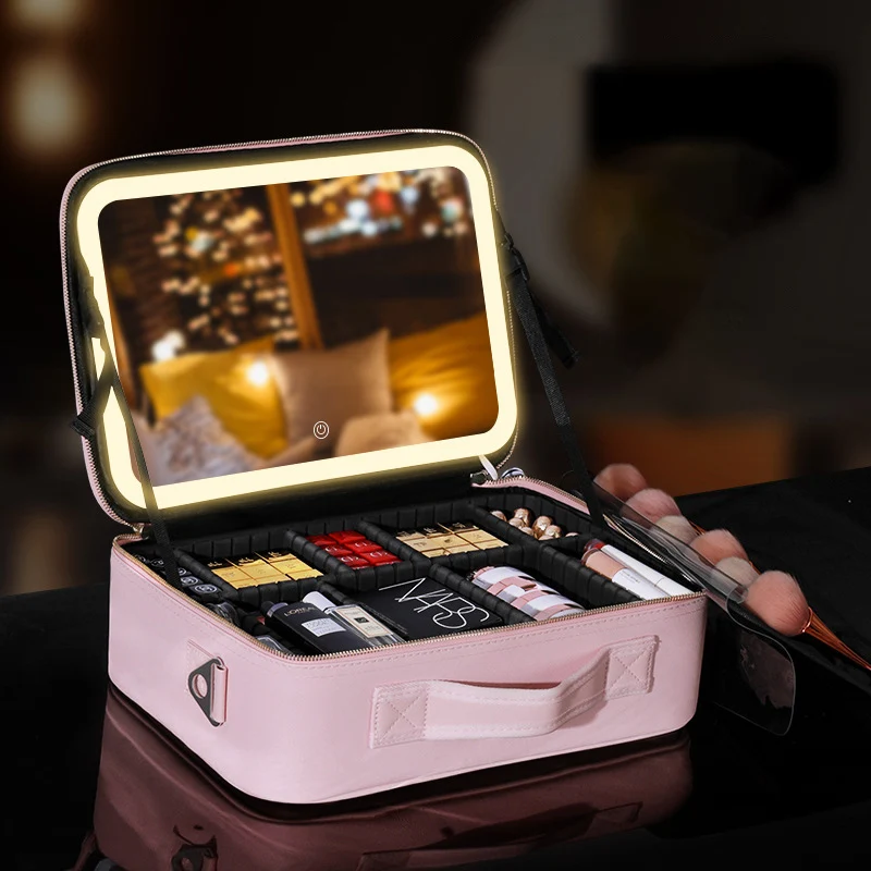 Makeup Artist's Suitcase with 3 Color Adjustable Brightness LED Mirror Travel Portable Large Cosmetic Case Women Toiletry Bag