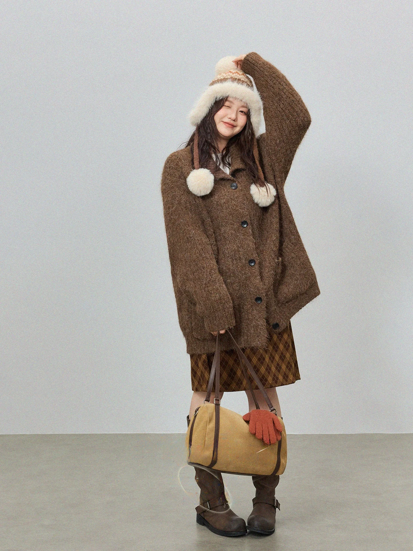 Cárdigan largo de punto para mujer de talla grande, color marrón, estilo coreano, para invierno, nuevo, para mujeres con forma de pera