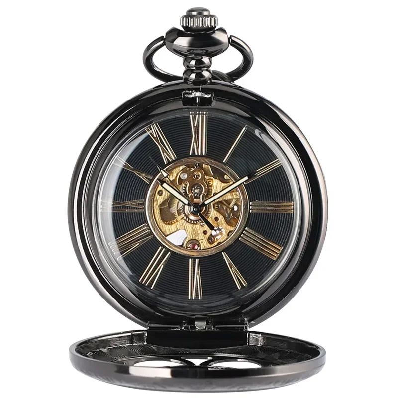 Steampunk Hollow Flower Cover Pocket Watch Mechanical Handwinding Clock Roman Numeral Dial with Pendant Chain for Men Women Gift