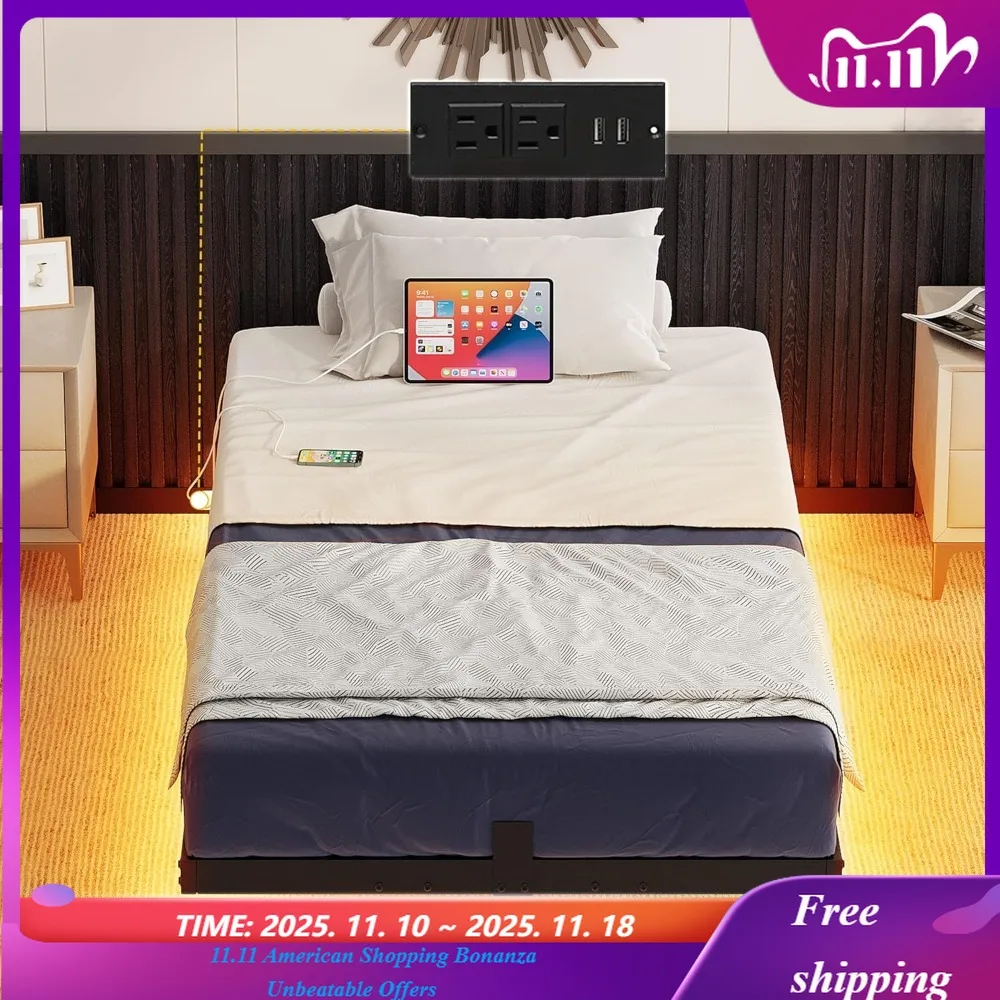 Twin Size Bed Frame, Floating Bed Frame with Charging Station, Platform LED Bed with Heavy Duty Steel Slats Support,