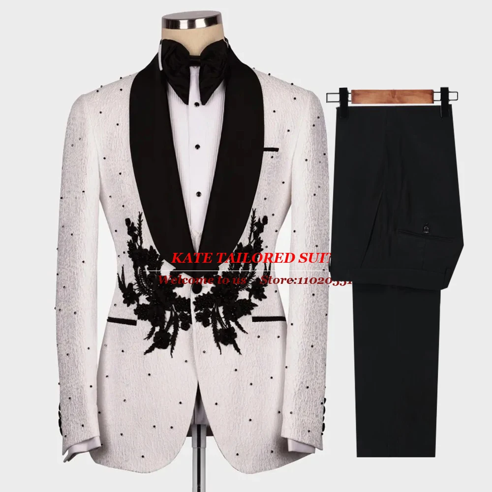 

White Floral Suits Men Slim Fit Male Fashion Black Flowers Pearls Blazer Tailore Made 2 Pieces Single Breasted Jacket Pants 2023