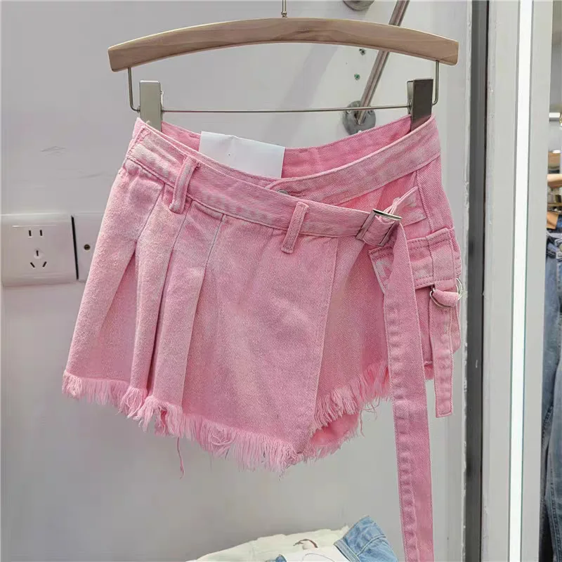 

Irregular Pink Denim Skirt Women's Summer High Waist Slimming False Two-Piece A- Line Workwear Short Mini Skirts 2024