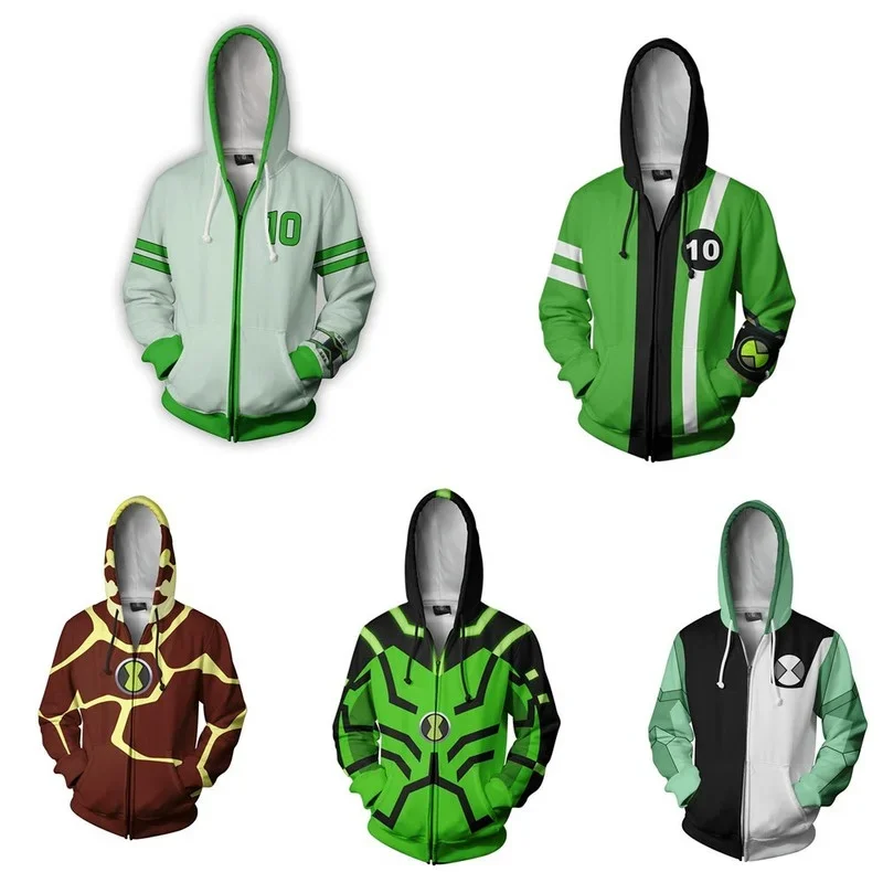 Capuz para Cosplay Alien Force masculino, fantasia de Halloween, 3D Print, manga comprida, jaqueta com capuz, moletom com zíper, outono, jogo, Ben 10