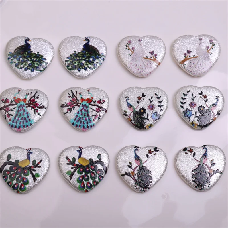 

Free shipping 100pcs/lot color Peacock patter print cartoon hearts shape acrylic straight hole beads diy jewelry accessory