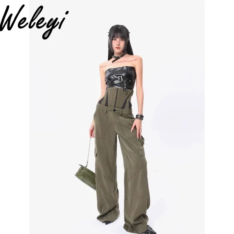 

Fish Bone Removable Slim Waist Seal Shaping Splicing Trousers Suit American Hot Girl Loose Wide Leg Tooling Pants Female 2 Pcs