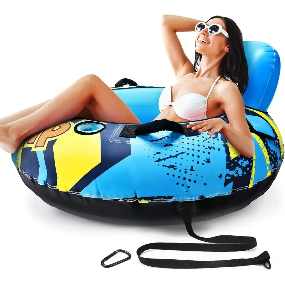 

53 Inch Durable River Tube with Canvas Cover, Ideal for Water Relaxation, Pool or Lake Fun, with 2 Cup Holders and 2 Grip Handle