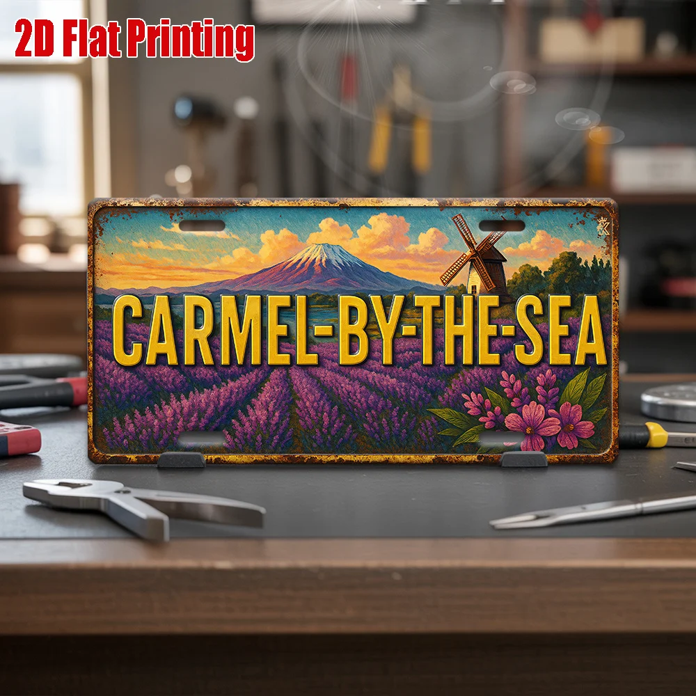 2D Flat - [2D Flat] 2D Printed Sign, 1pc, a Metal Plaque Featuring a Sunset Over Lavender in Carmel by The Sea, for Decorative P