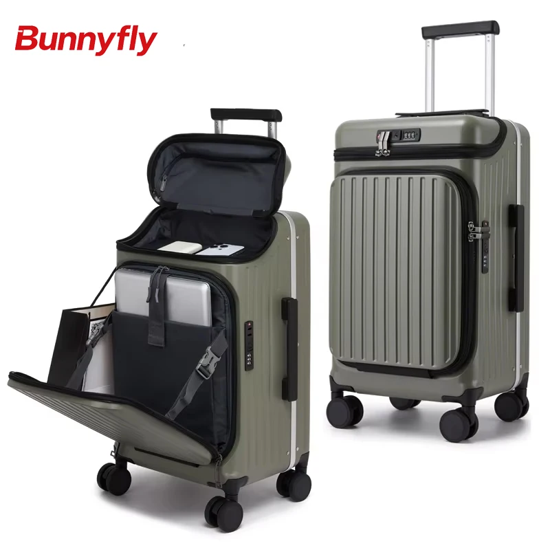 100% PC Hard Shell Luggage Front & Top Opening Suitcase with Spinner Wheels TSA Lock Laptop Compartment, Carry-On Travel Trolley