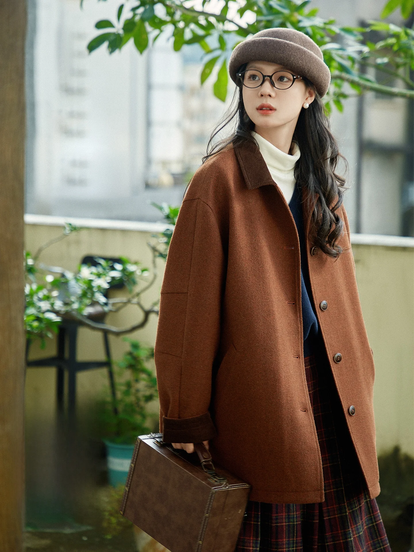 

Thiened Winter Woolen Coat Women's Casual Sle Red Brown Tweed Jaet Original Design Mid-Length Sweater for Ladies