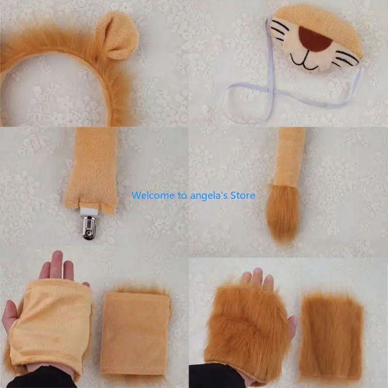 X4YC Con Sư Tử Trang Phục Hóa Trang Động Vật Đầm Bộ Dụng Cụ Sư Tử Băng Đô Quấn Tóc Đuôi, Bowtie