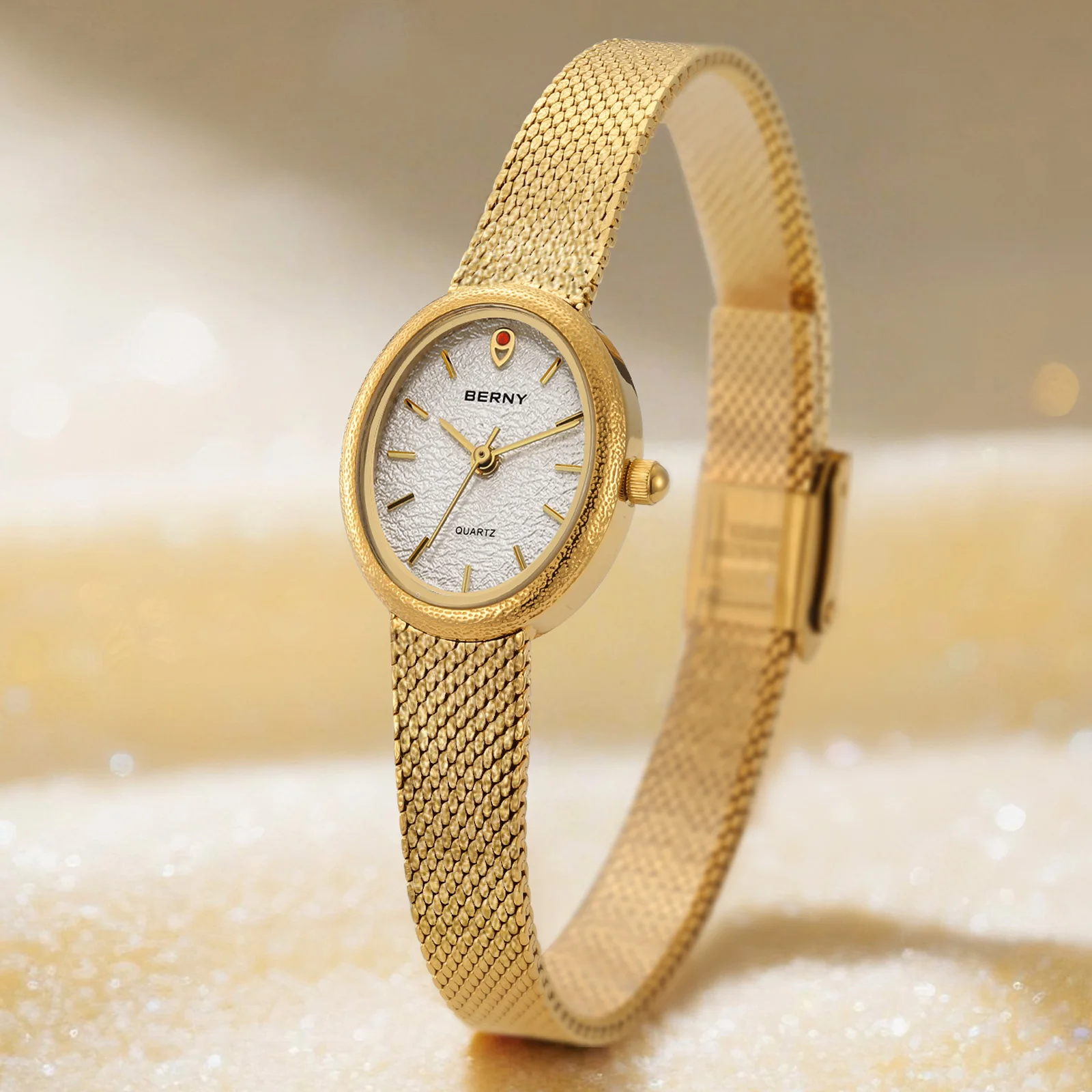 BERNY Women's Watches Fashion Luxury Ladies Golden Quartz Wristwatch Full Stainless Steel Oval Case Casual Dress Wristwatch