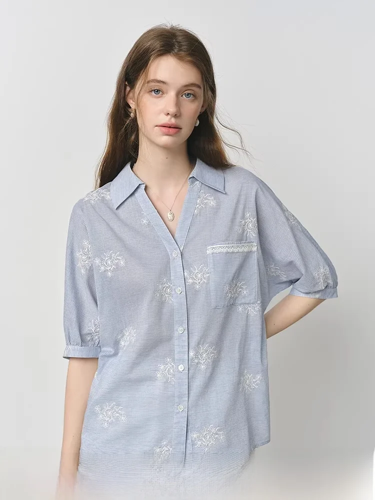 

Fansi Lanen Summer Garden Embroidered Heavy Stripe Women's irt Ba Hollow out Top Cotton 00% V-ne Five Sve Length