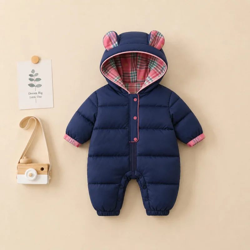 2026 Winter New A-class Navy Blue Patchwork Plaid Inner Thickened Cotton Hooded Jumpsuit for Children