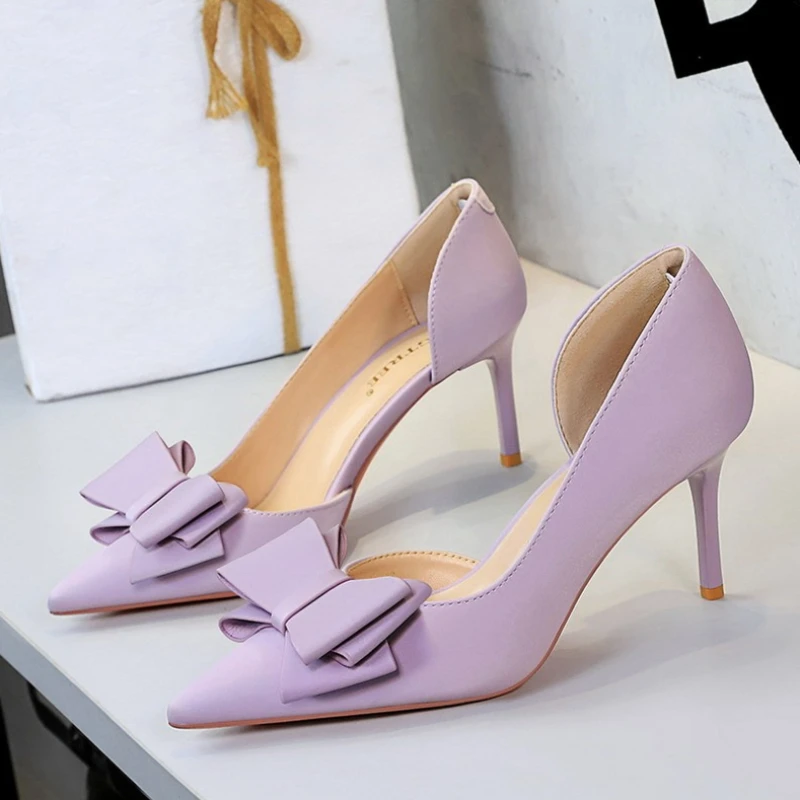 

2026 Women 7cm High Heels Sweet Korean Side Hollow Pumps Lady Party Purple Green Kawaii Bowknot Heels Prom Silk Satin Shoes
