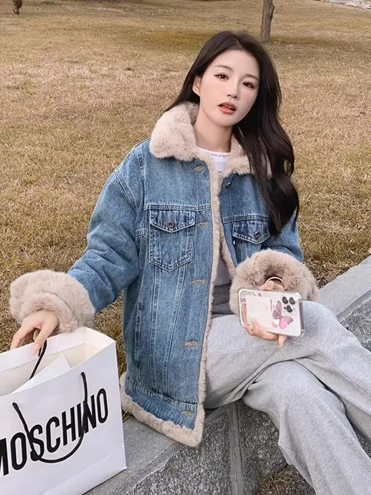 

Джинсовое пальто для женщин, темное меховое плюшевое женское осеннее регулируемое облегающее пальто с воротником-стойкой, классическая верхняя одежда для колледжа в консервативном стиле, клетчатая OL