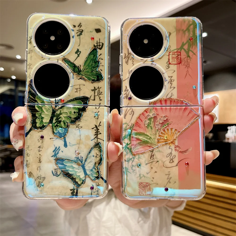 Chinese Style Jewelled Phone Case For HuaWei P50 Pocket 2 Blu-ray Butterfly Shockproof PC Protection Hard Shell Back Cover