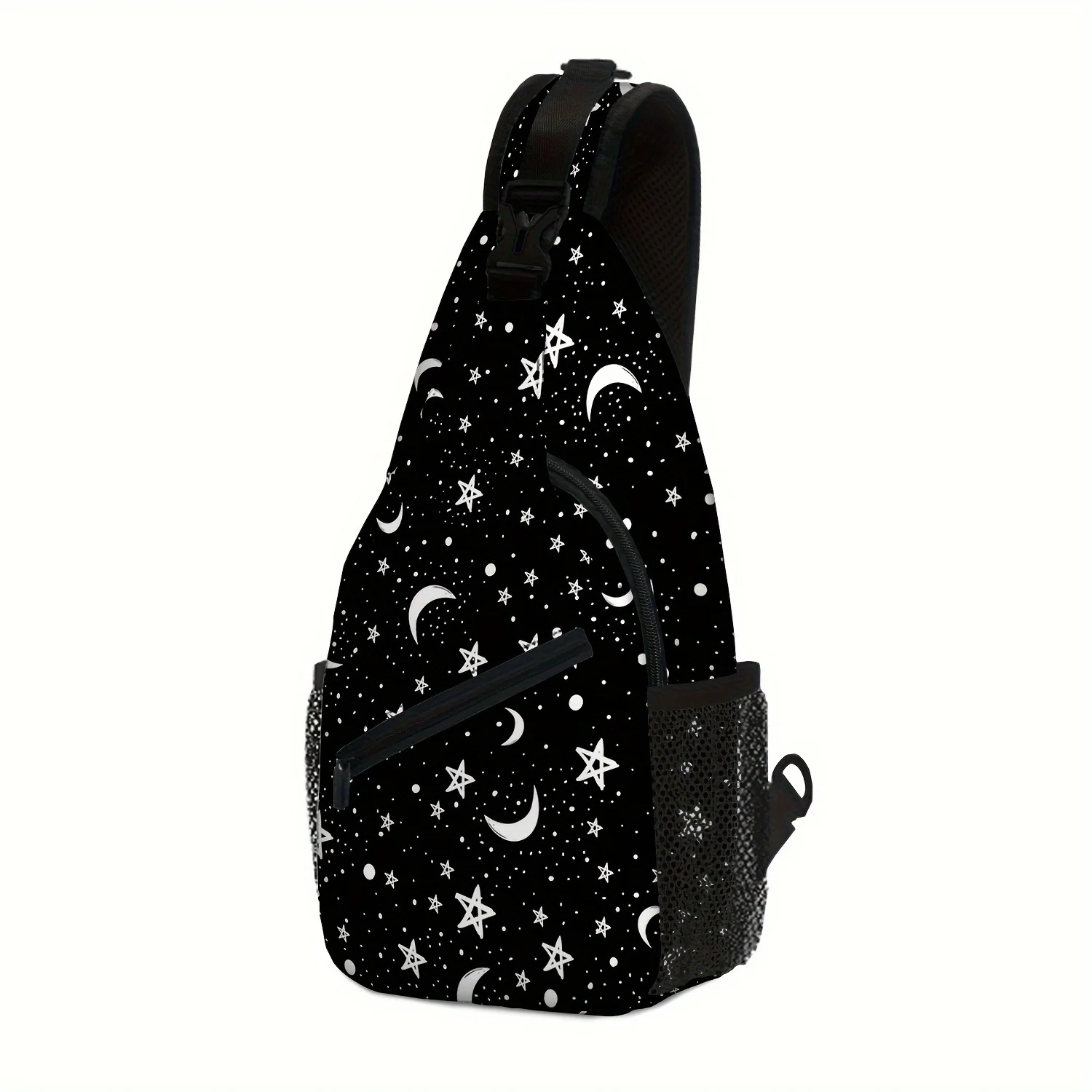 Stars And Moons Print Sling Backpack, Casual Sports Travel Crossbody Chest Bag, Multi-pocket Fanny Pack For Hiking Cycling