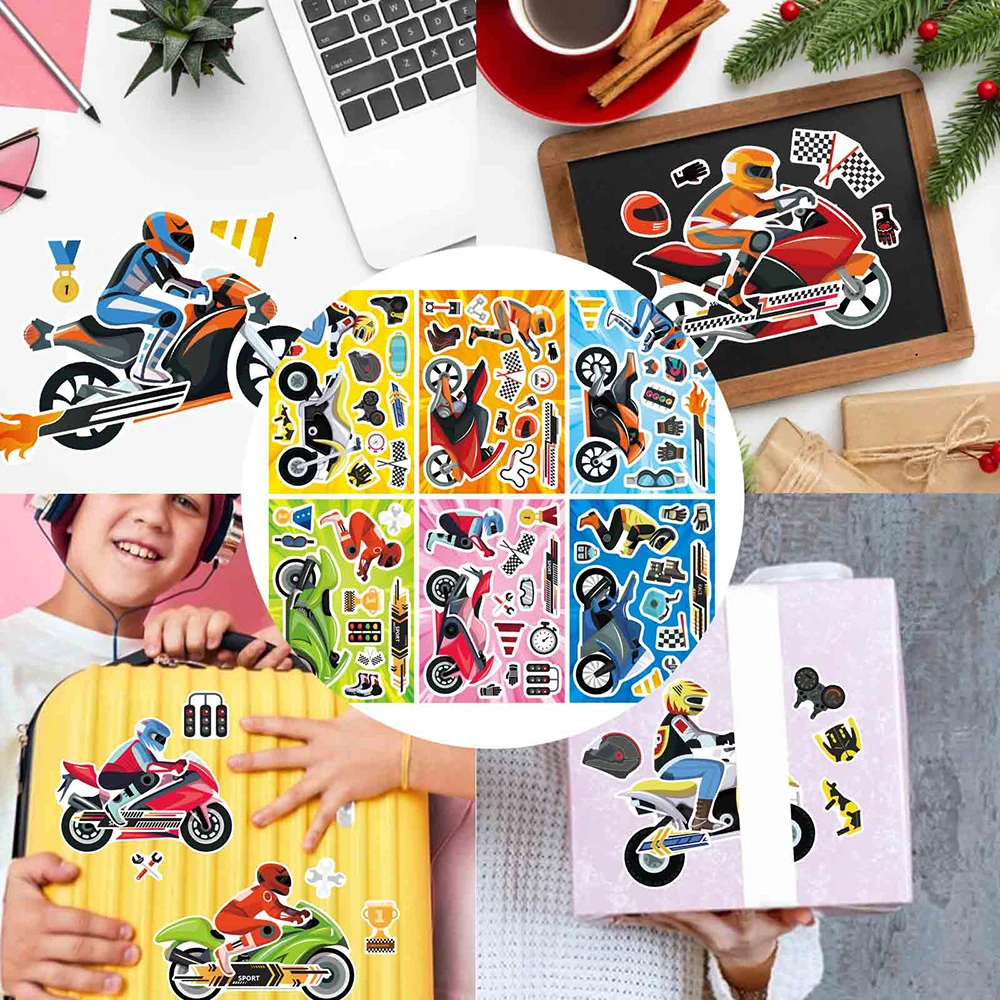 6/12Sheets DIY Motorcycle Make a Face Puzzle Stickers Kids Game Funny Assemble Jigsaw For Kids Boys Children Toys Party Gifts