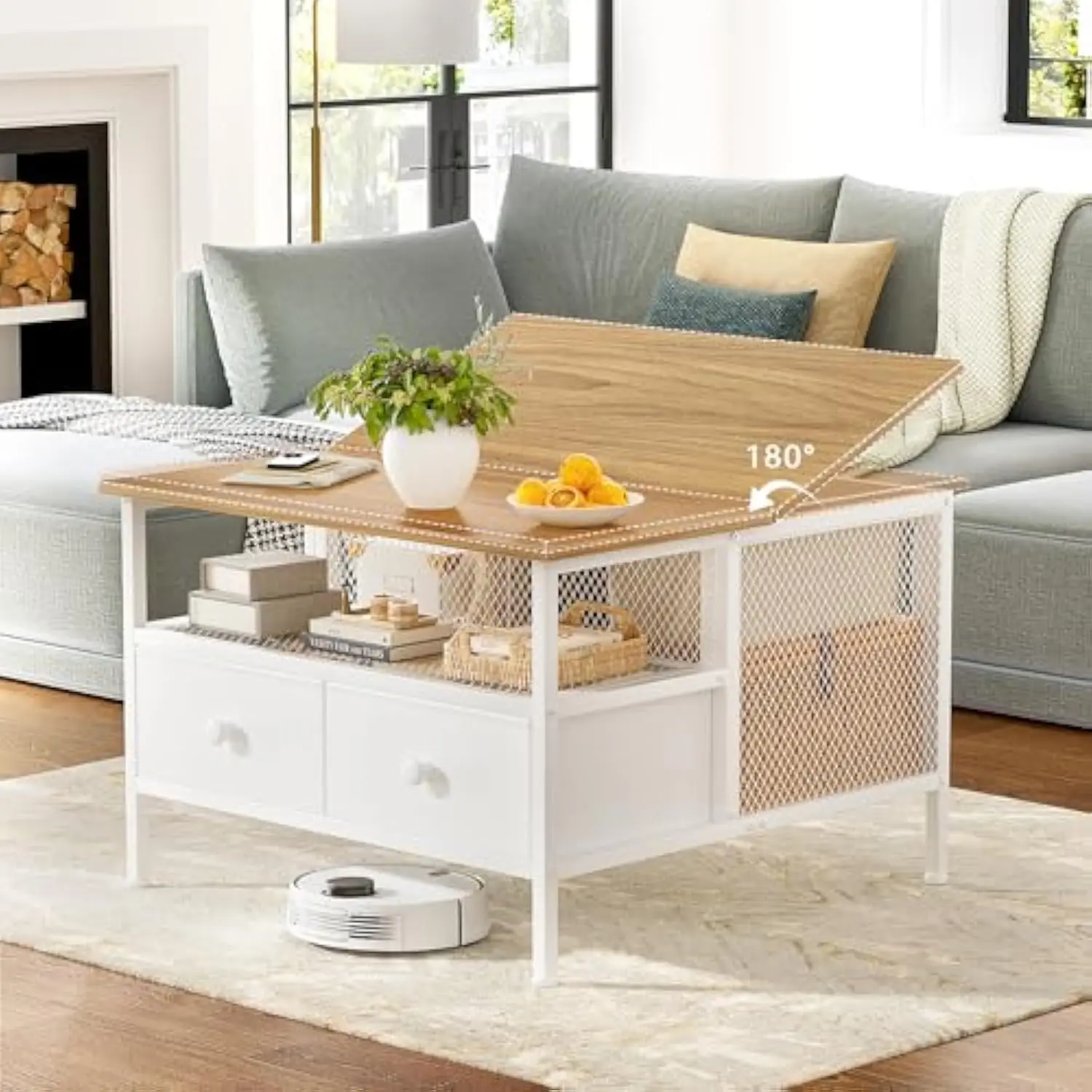 

Flip Top Coffee Table, Square Coffee Table Metal Wood, Farmhouse Lift Up Coffee Table Cocktail Table with Wire Mesh Barn Door