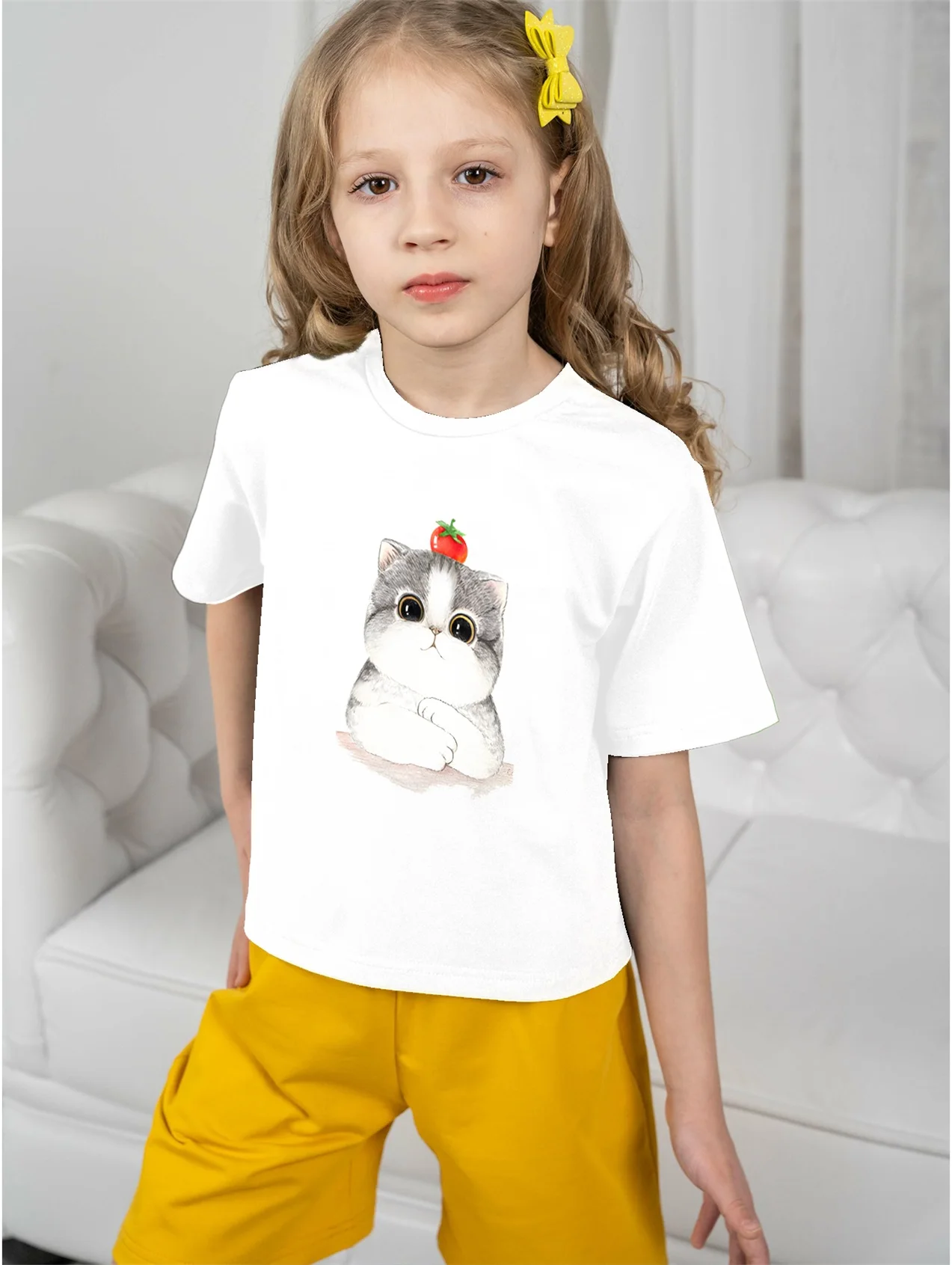 

5 To14 Years Girl Clothes Cute Cat Print Sitting Print White T-shirt Children's Clothing Kids Summer Short Sleeve Child Top