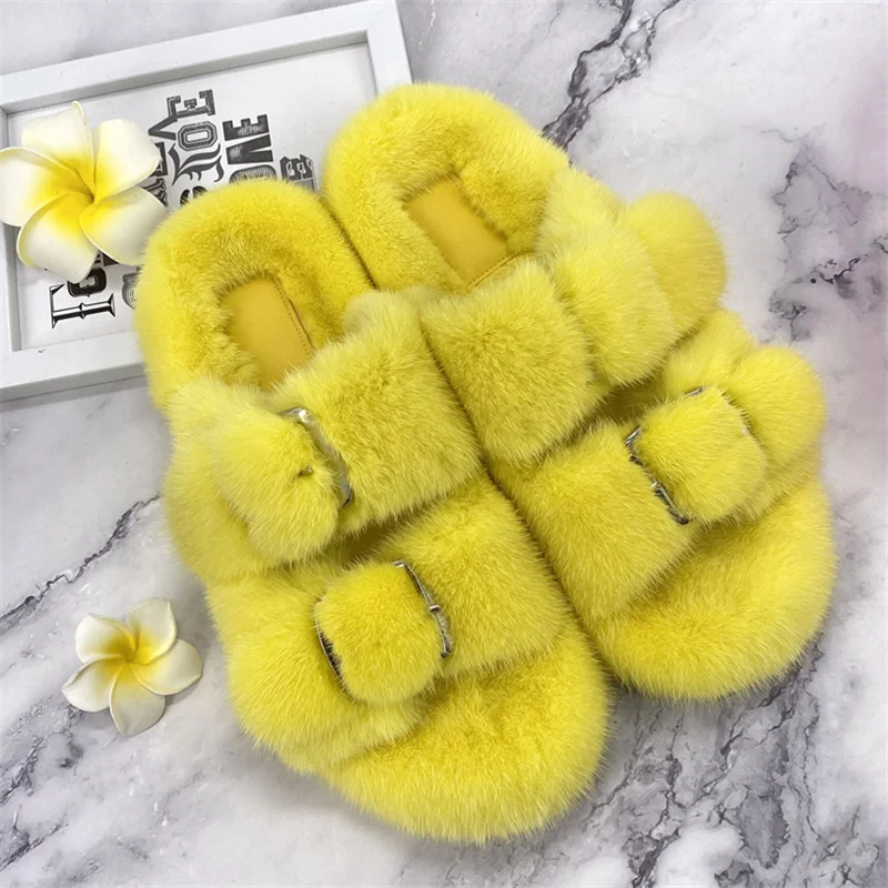 Summer Slippers For Women 2024 Fur Real Mink Flip Flops For Ladies Shoes For Women Flat Luxury Women\'s Mules Shoes