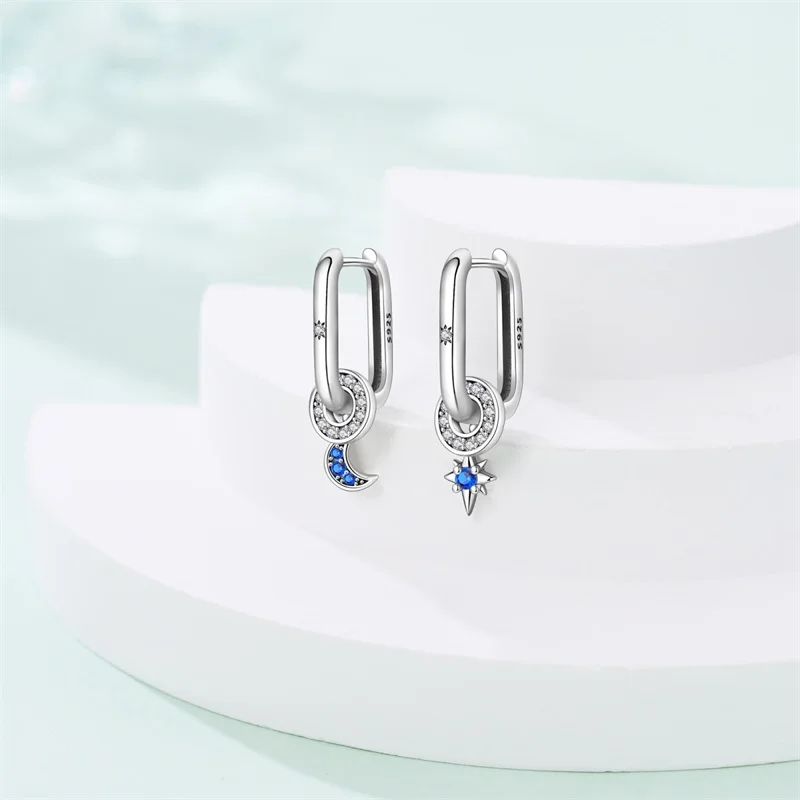 

925 Sterling Silver Simple Star and Moon Women Earrings Brilliant Wedding Engagement Star Earrings Jewelry Gift