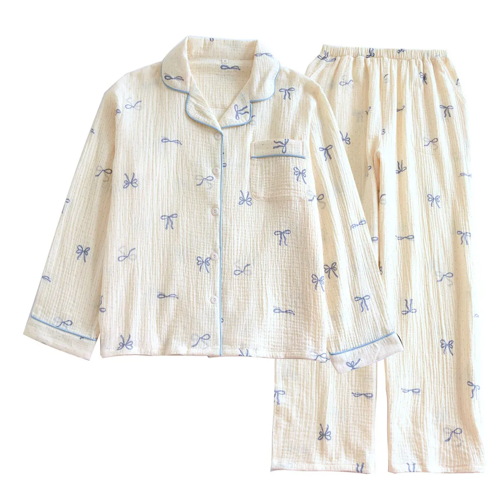 

Хлопковые женские пижамные комплекты с длинным рукавом, с принтом в виде бантиков, домашняя одежда, удобная одежда для сна и отдыха, ночная одежда