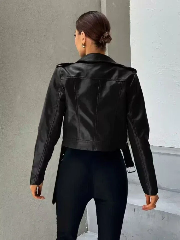 Women Black Leather Jacket Spring Autumn Lapel Short Moto Biker Coat Female Slim Long Sleeve Streetwear Faux Leather Jackets