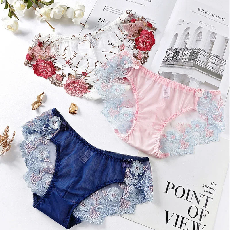 Women's Briefs Underwear Women Fancy Charming Flower Pattern Panties Lace Embroidered Transparent Sexy Panties Female Underpants