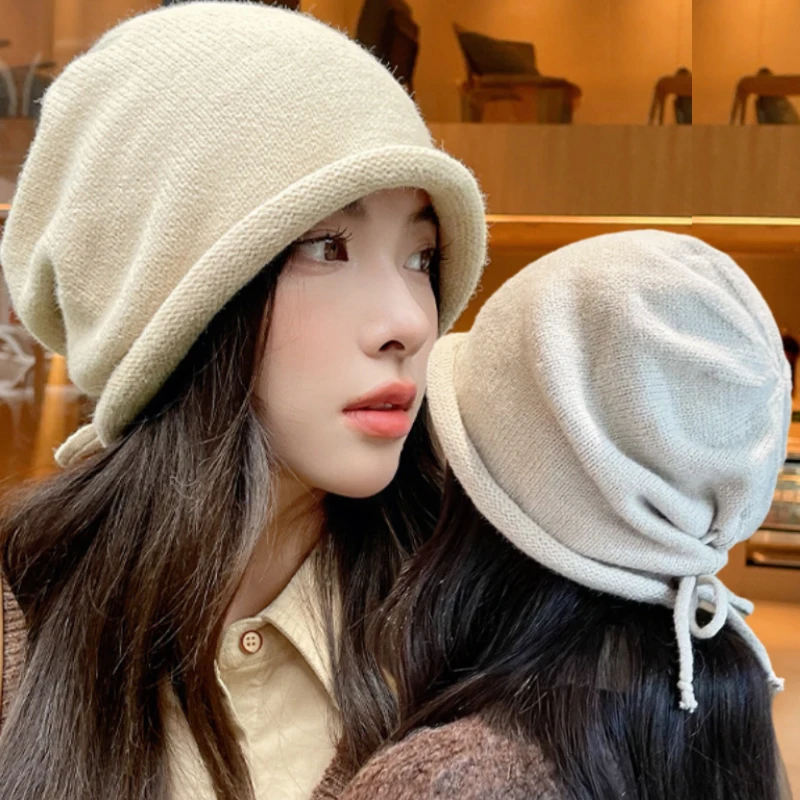 Fashion Drawstring Baggy Slouchy Beanie for Women Autumn Winter Ear Warm Skullies Cap Solid Color Bonnet Girl Kintted Woolen Hat