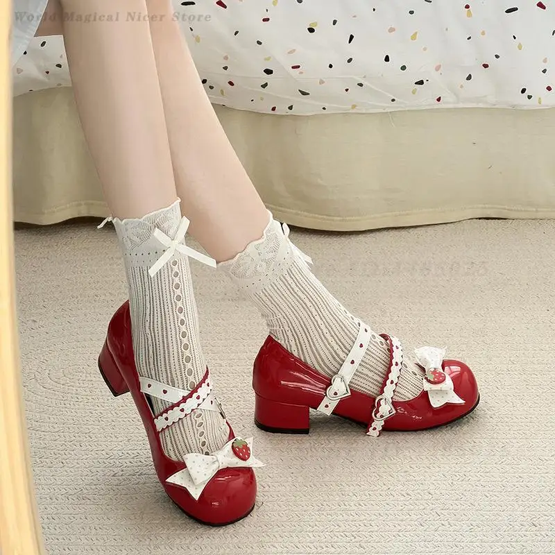 

All-Season Sweet Style Women Shoes Bowknot Design Strawberry Print Lolita Super Fairy Princess Temperament Mary Jane Pumps