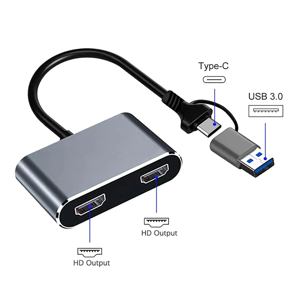 USB 3.0 USB-A Type-C To Dual HD Display Same Screen Converter Adapter Two 1080P Video Output For Windows7/10 PC Android Phone