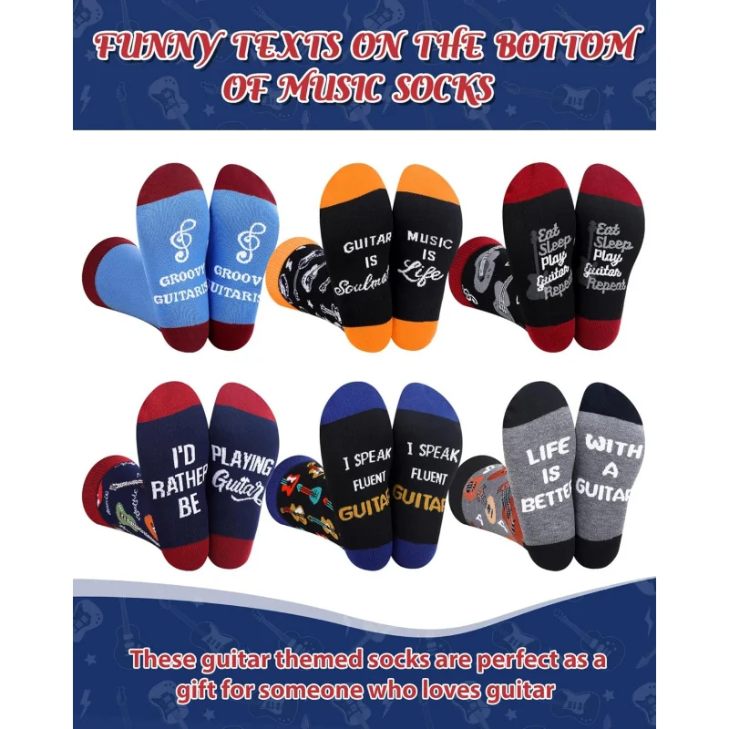 Haysandy 6 Pairs Men Music Socks Guitar Socks Casual Dress Socks Instruments Crew Socks for Music Lover Christmas Gift