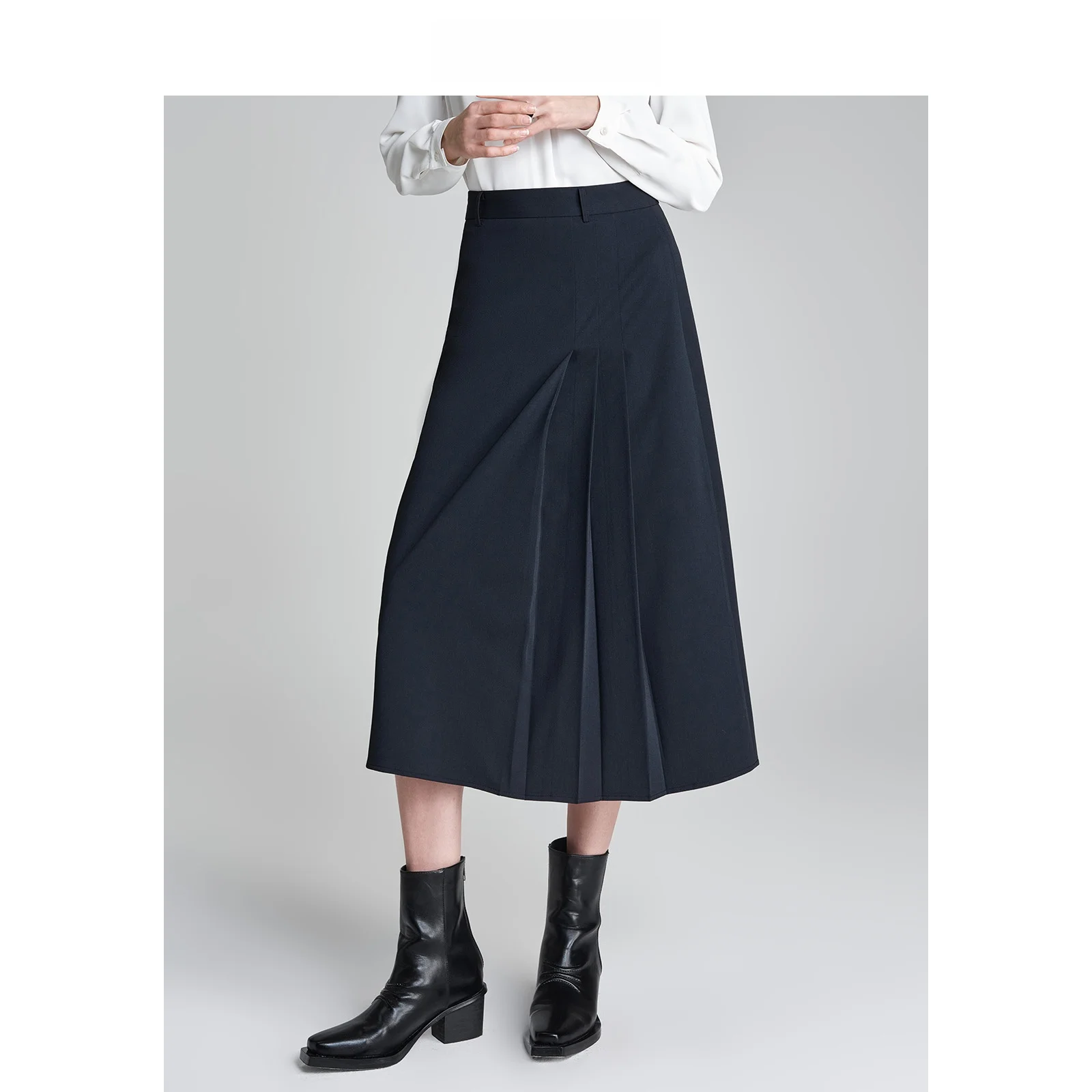 

LeLence Blue High Waist A-Line Midi Skirt Women's Summer Slimming Straight Hem Pleated Skirt Office OL Style Polyester Fabric