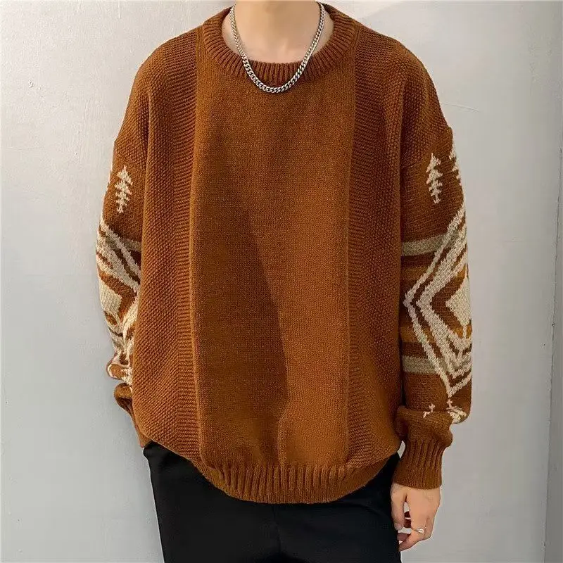 Folk Printed Vintage Pullovers Knitted Men's Clothing Casual O-Neck Autumn Winter New Loose Long Sleeve Commute Fashion Sweaters